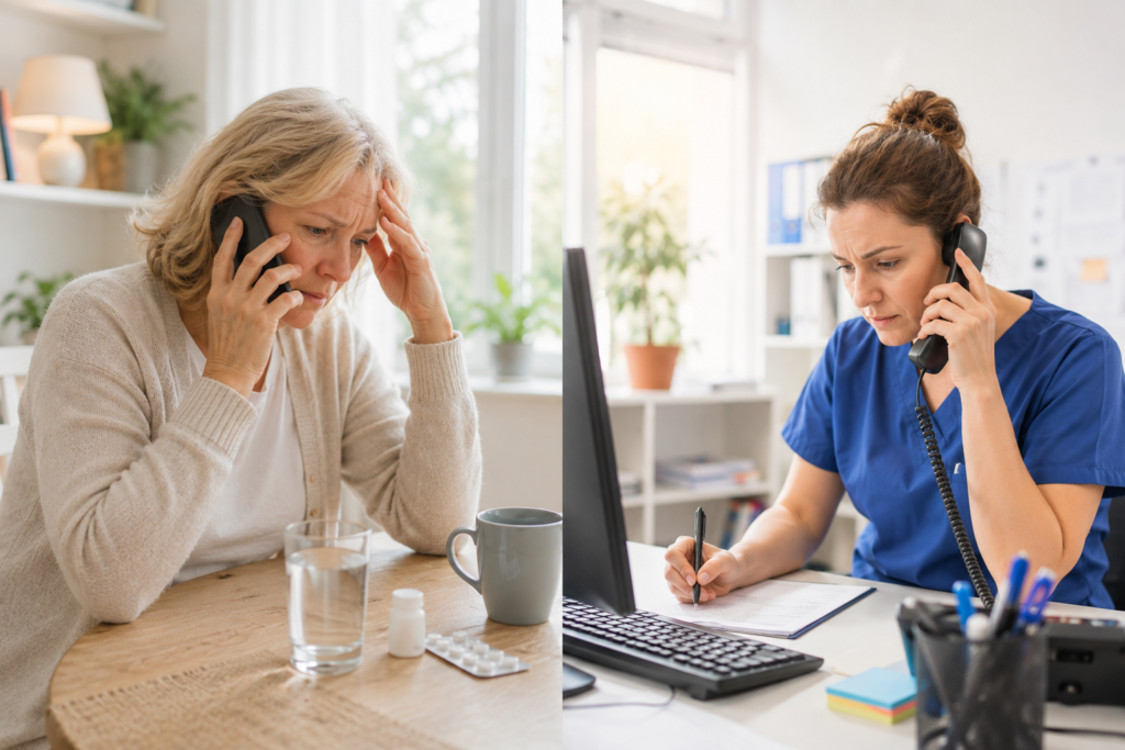 Sjuksköterska och patient talar i telefon från varsin miljö – ett samtal där administrativa rutiner riskerar att ta över det professionella omdömet.