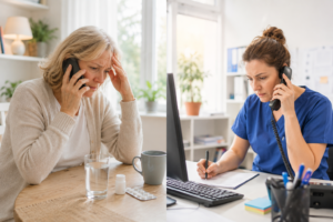 Sjuksköterska och patient talar i telefon från varsin miljö – ett samtal där administrativa rutiner riskerar att ta över det professionella omdömet.