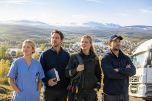 Fyra yrkesgrupper står tillsammans framför ett norrländskt samhälle. Bilden illustrerar den stora kompetensbristen och behovet av arbetskraft i norra Sverige.