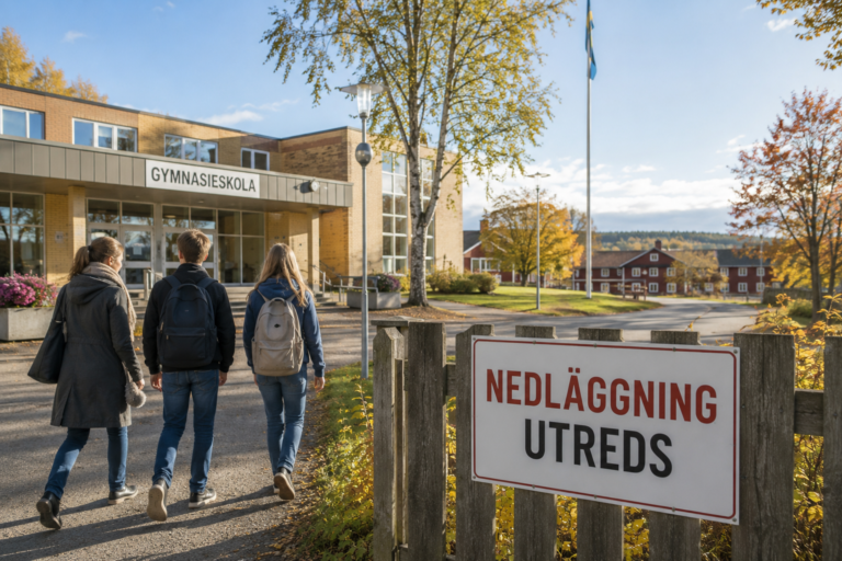 Gymnasieskola med skylten "Nedläggning utreds" medan elever går mot skolans entré. Bilden illustrerar hur politiska beslut om skolan påverkar elevernas framtid.
