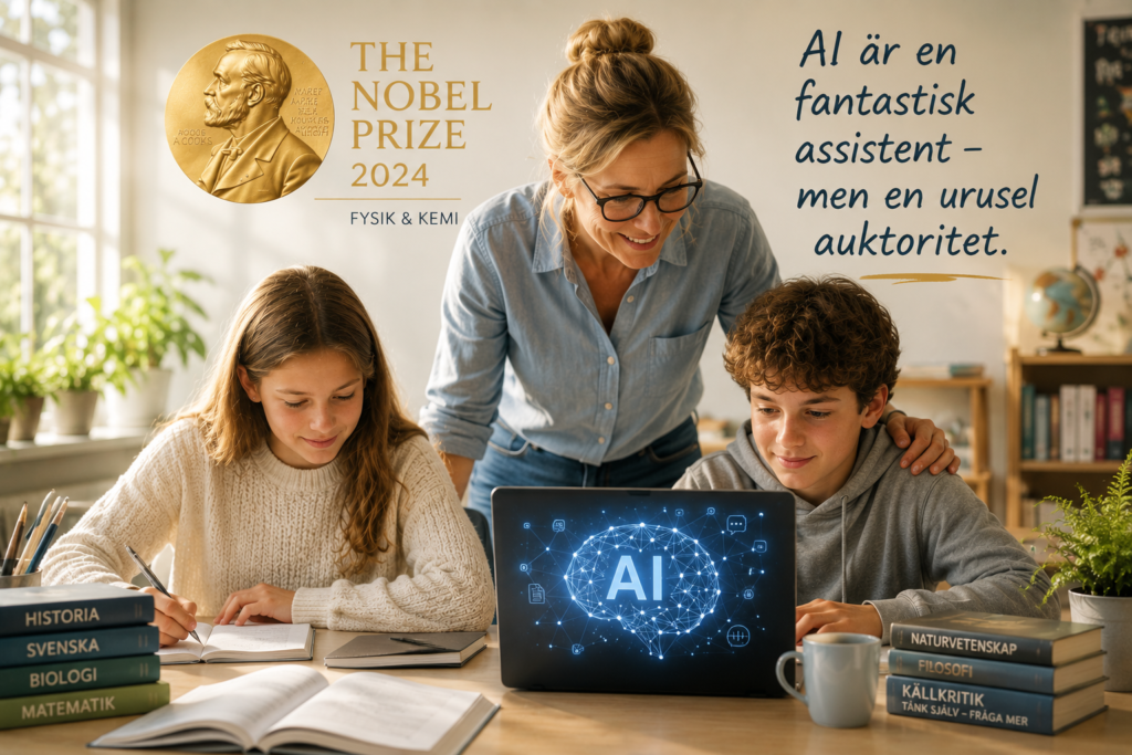 Två elever arbetar tillsammans med en dator som symboliserar AI. En Nobelmedalj i bakgrunden påminner om AI:s vetenskapliga genombrott och vikten av mänskligt omdöme i lärandet.