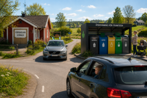 Illustration av en stängd landsbygdsförskola bredvid en modern återvinningsstation, där barn sitter i bilar på väg förbi.