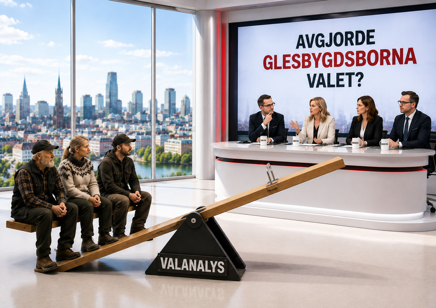 Alt-text Illustration av en TV-studio där en gungbräda märkt "Valanalys" visar tre glesbygdsbor väga tyngre än de egentligen borde i analysen av ett valresultat.
