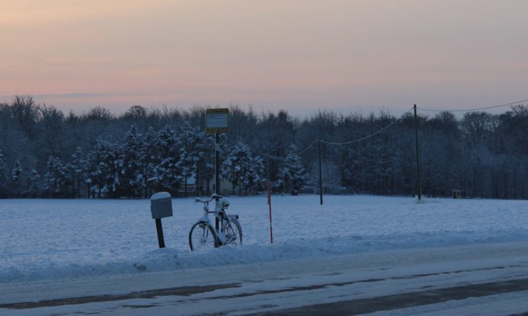 En ensam busshållplats vid en snötäckt landsväg i glesbygd där kollektivtrafiken är mycket begränsad.