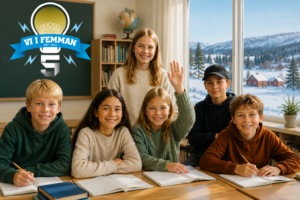 Fem elever i ett klassrum med utsikt över en snötäckt by. Bilden symboliserar att elever i små byskolor har samma möjligheter att lyckas som elever i större skolor