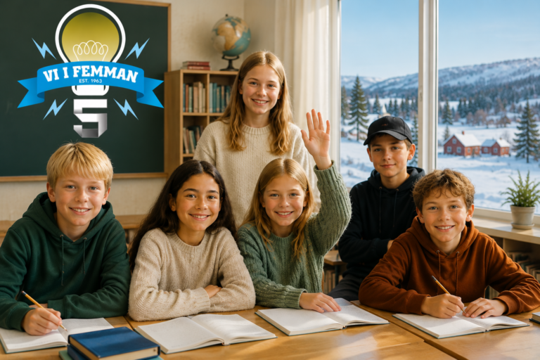 Fem elever i ett klassrum med utsikt över en snötäckt by. Bilden symboliserar att elever i små byskolor har samma möjligheter att lyckas som elever i större skolor