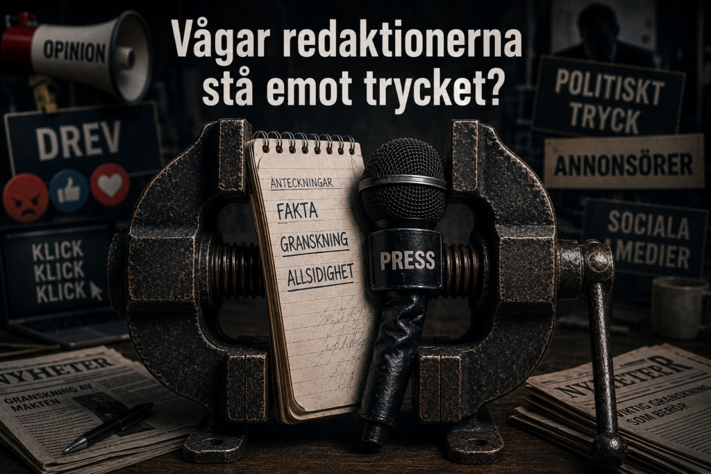 Ett reporterblock med orden ”Fakta”, ”Granskning” och ”Allsidighet” samt en mikrofon hålls fast i ett skruvstäd. I bakgrunden anas ord som ”Klick”, ”Drev”, ”Politiskt tryck” och ”Annonsörer”. Illustrationen symboliserar det tryck som journalistiken utsätts för från olika håll.