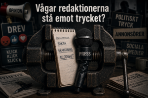 Ett reporterblock med orden ”Fakta”, ”Granskning” och ”Allsidighet” samt en mikrofon hålls fast i ett skruvstäd. I bakgrunden anas ord som ”Klick”, ”Drev”, ”Politiskt tryck” och ”Annonsörer”. Illustrationen symboliserar det tryck som journalistiken utsätts för från olika håll.