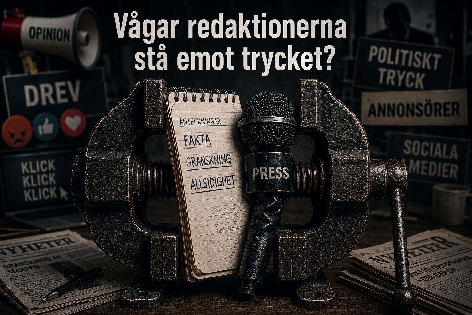 Ett reporterblock med orden ”Fakta”, ”Granskning” och ”Allsidighet” samt en mikrofon hålls fast i ett skruvstäd. I bakgrunden anas ord som ”Klick”, ”Drev”, ”Politiskt tryck” och ”Annonsörer”. Illustrationen symboliserar det tryck som journalistiken utsätts för från olika håll.