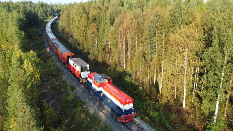 Godståg på Inlandsbanan genom skogslandskap i norra Sverige.