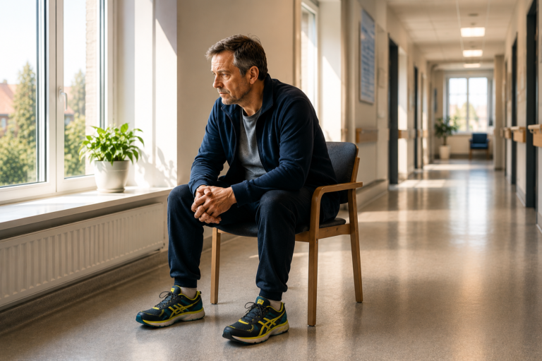 Man i träningskläder och löparskor sitter eftertänksamt på en stol i en ljus sjukhuskorridor och blickar ut genom fönstret.