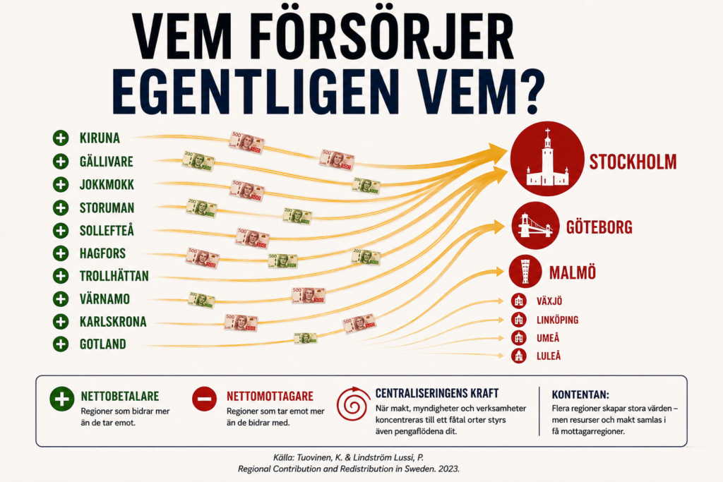 Infografik över regionala ekonomiska flöden i Sverige med rubriken ”Vem försörjer egentligen vem?” där nettobetalande regioner och nettomottagande regioner illustreras med pilar och pengaflöden.
